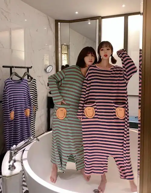 新品条纹连体睡衣女春秋棉质长袖睡裙可爱长款秋冬大码孕妇家居服套装