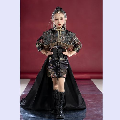 女童走秀服装旗袍国潮风t台5拖尾模特6走秀 t台时装霸气长袖礼服