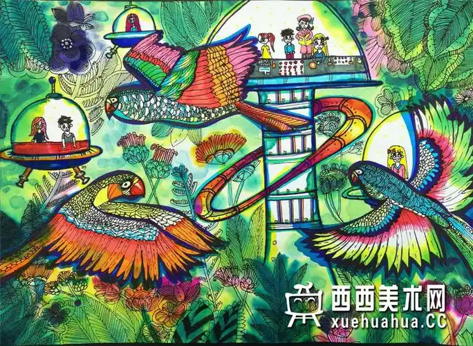 一等奖儿童获奖科幻画《蓝金刚鹦鹉乐园》欣赏