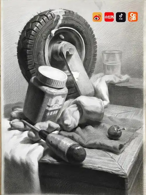 来张竖构图,轮胎步骤图#素描静物  #素描  #美术生  #美术生集训