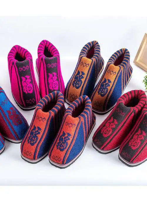 老式棉鞋手工成品毛线鞋男针织棉鞋女东北贵州零下40度鞋冬鞋 枣红黑