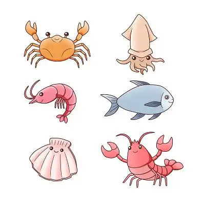 扇贝墨鱼虾仁炒饭水墨虾手绘卡通国潮美食面原创插画海报火锅 海鲜