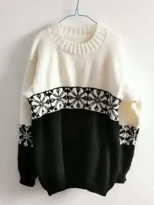 夜斗 经典大雪花男士黑白双色提花毛衣