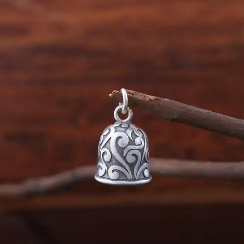 s925纯银铃铛 14*18mm复古花纹铃铛吊坠 响铃吊坠 手链配件