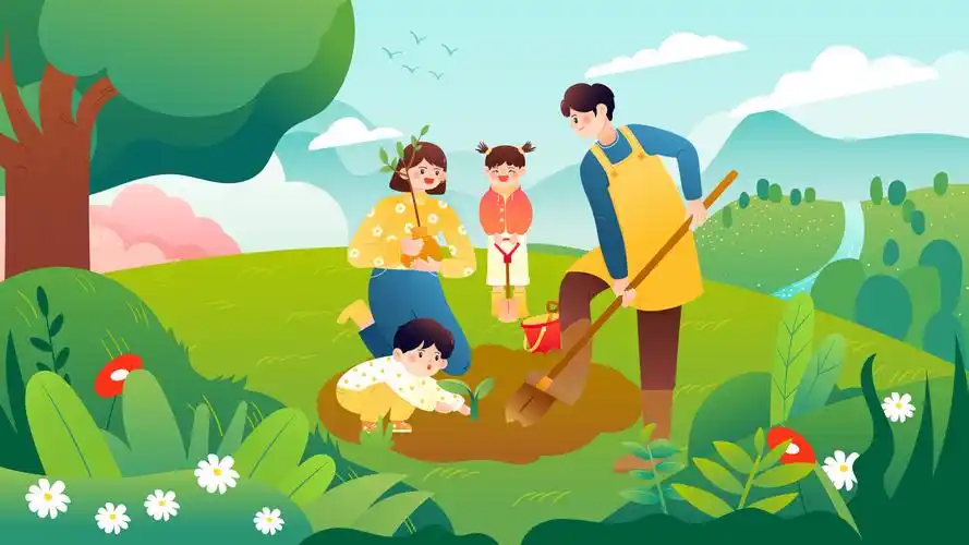 一家四口在春天的山丘上植树矢量插画海报横图