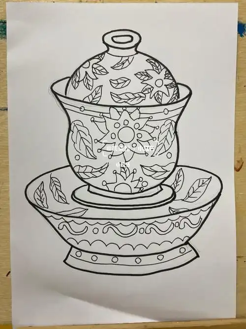 创意美术《盖碗茶》_创意美术_创意画_唇膏笔_高光笔_颜料_儿童创意画