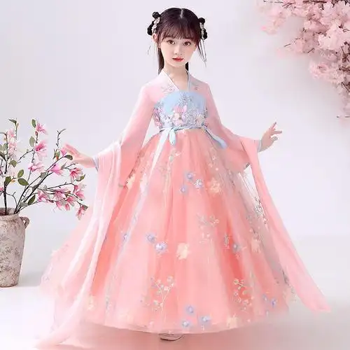 儿童汉服女学生古装连衣裙子仙气古风女童汉服夏装公主汉服仙女裙粉色