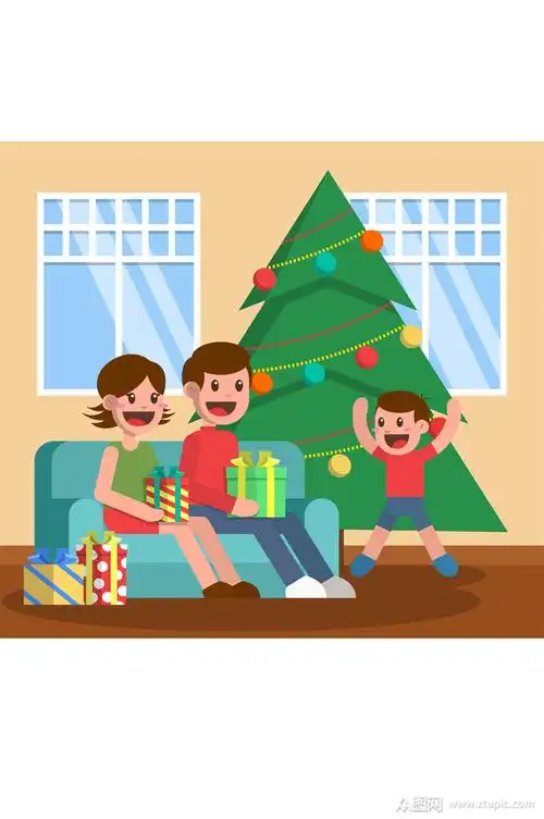 创意圣诞客厅里的一家三口矢量素材