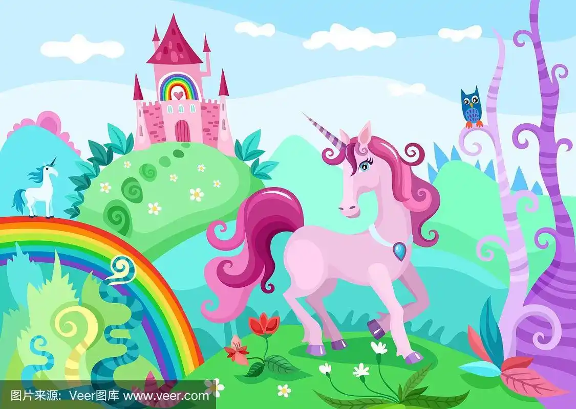 粉色独角兽和彩虹的插图