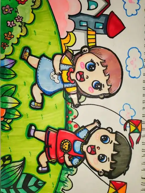 快乐的一天      放风筝      春天#儿童画  #又到了放风筝的季节