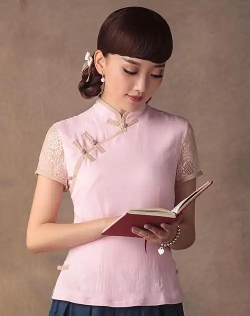 粉忆 全棉短袖复古改良民族风旗袍上衣