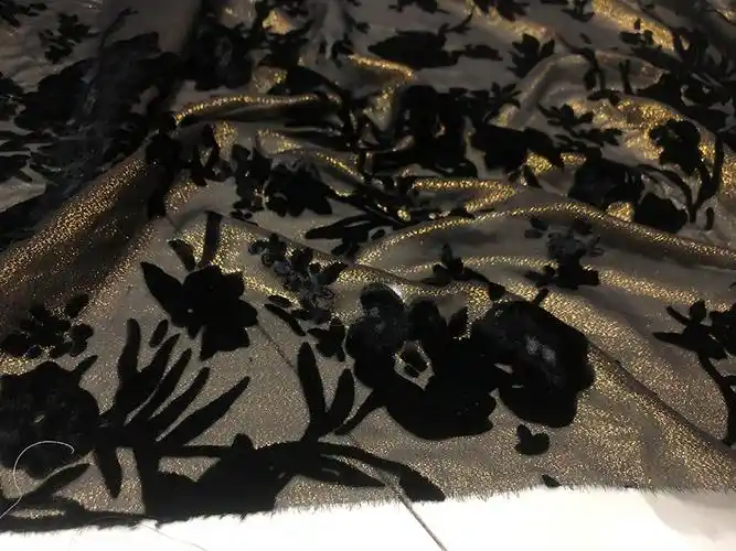 高端真丝金丝绒时装布料黑色织金镂空烂花绒桑蚕丝面料旗袍diy