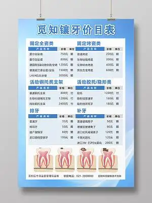 蓝色简约牙齿镶牙价目表活动价格海报背景牙科价目表海报