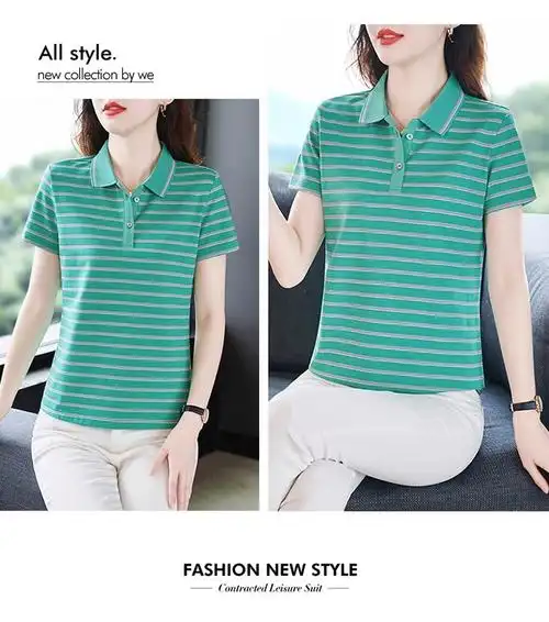 女士纯棉polo衫t恤女夏季新款条纹翻领短袖中年妈妈款夏装上衣服 - 17