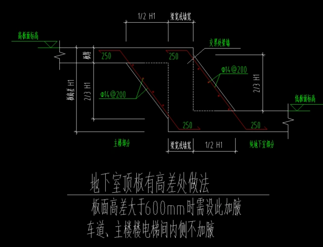 请问一下地下室顶板主楼与地库相交处板加腋如何处理