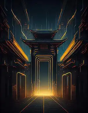 中国传统建筑,赛博朋克,轻粒子效果,优雅线条,发光线条