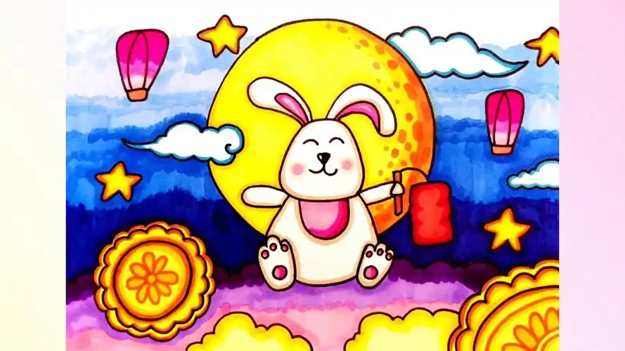 中秋节主题绘画 玉兔画法 中秋画 儿童画 赏月
