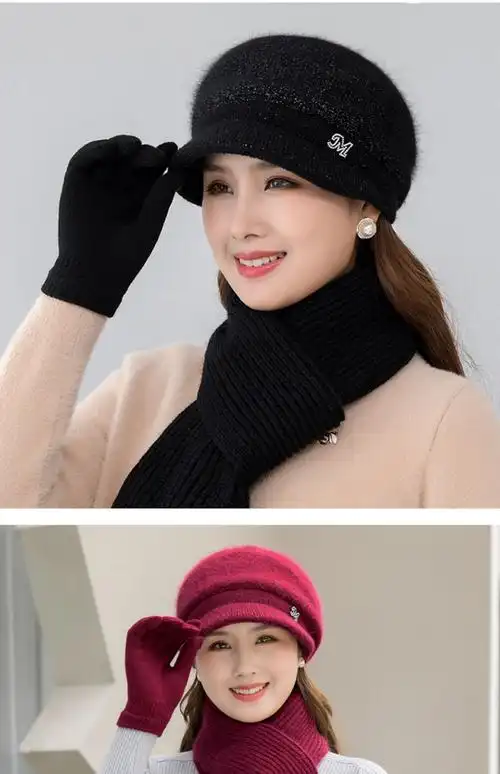 70岁老太太的帽子秋冬中老年人妈妈加厚保暖帽奶奶兔毛线针织洋气棉帽