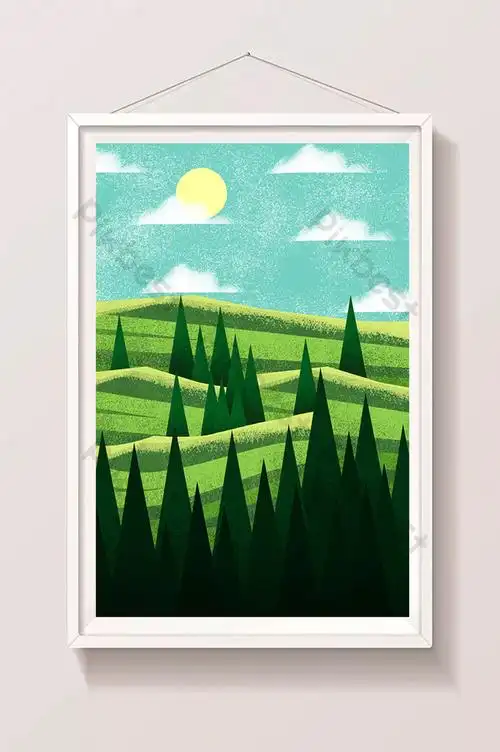 hand drawn nature landscape green hills forest sce