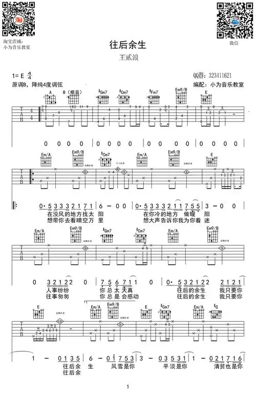 王贰浪往后余生吉他谱 泛音版1