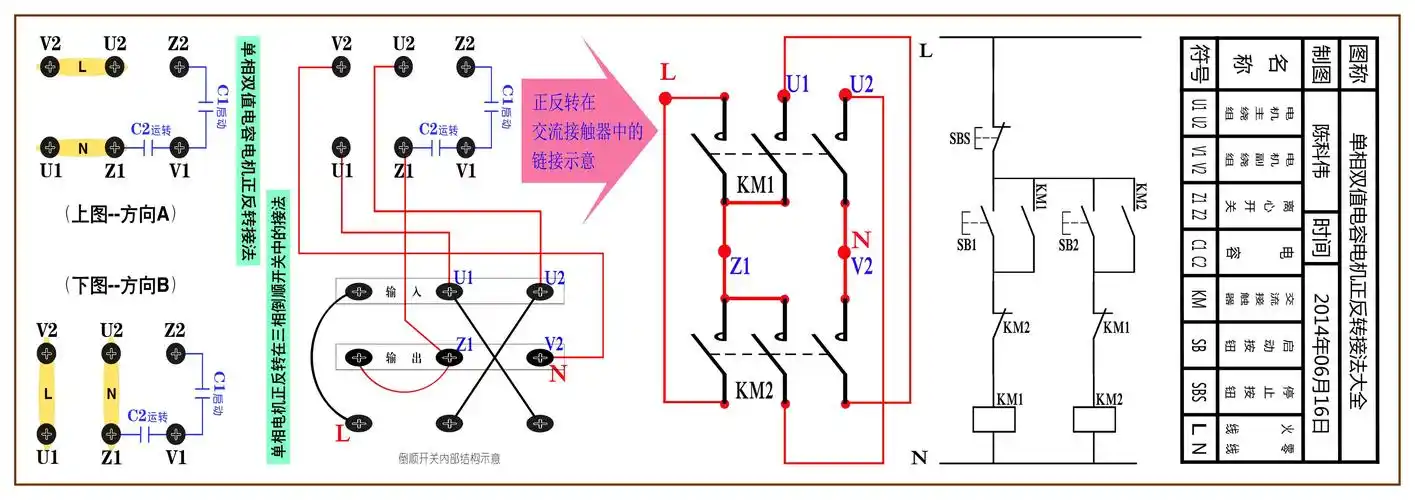 单相电机四条电线两个电容电路怎么 链接