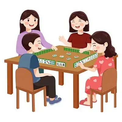 卡通人物四人打麻将休闲娱乐游戏png插画素材