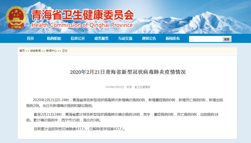 2020年2月21日青海省新型冠状病毒肺炎疫情情况