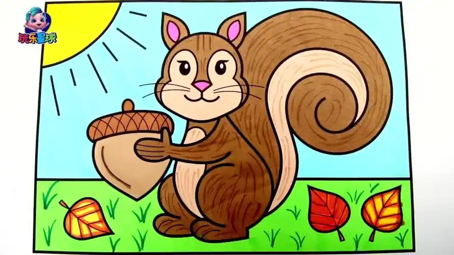 可爱的小松鼠抱松子儿童简笔画涂色