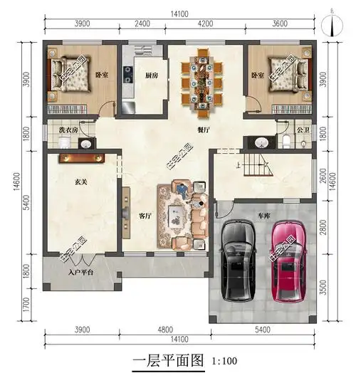 玄关半开放式车库棋牌室1414米二层现代别墅实用又舒适
