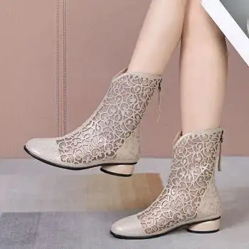 尊士烟斗凉靴女2022春夏季新款中跟时尚镂空网靴加大码41中筒百搭透气
