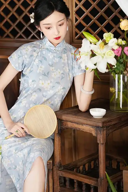 清风絮丨2021夏季新款丨民国风清新年轻款少女连肩袖短旗袍裙日常