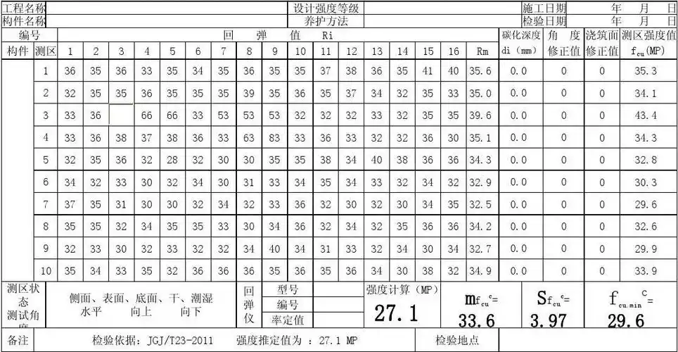 回弹法检测混凝土强度计算表