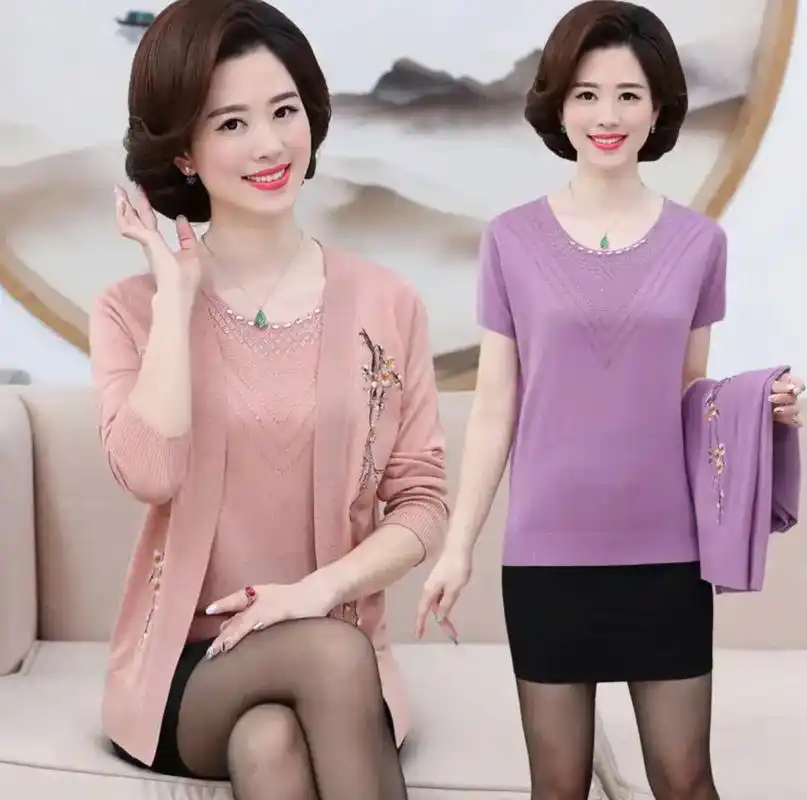 妈妈春夏秋外套中老年人女士两件套装中年女装短袖 - 抖音