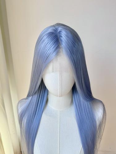 雾蓝浅蓝色cos手钩前额大蕾丝假发中分长直发自然全头套 敖丙
