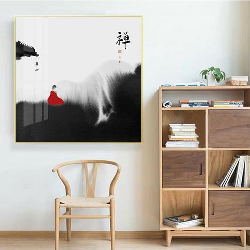 禅意极简水墨挂画新中式玄关装饰画茶室小和尚壁画书房会所挂画