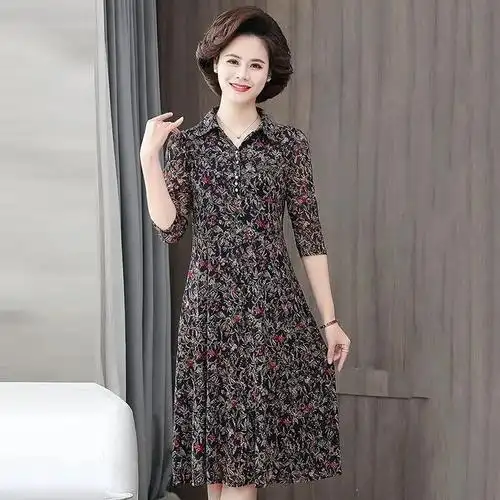 冰丝连衣裙女中长款2022夏季新款洋气中老年妈妈显瘦碎花过膝裙 - 17