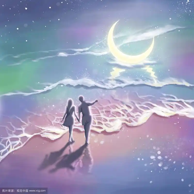 海边牵手的情侣剪影与发光的月亮唯美插画