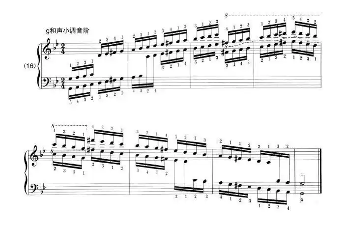 求降b大调与g和声小调的音阶和琶音的五线谱