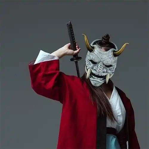 乳胶红面鬼脸獠牙 万圣节新赤般若面具般若cosplay能剧日系能面罩