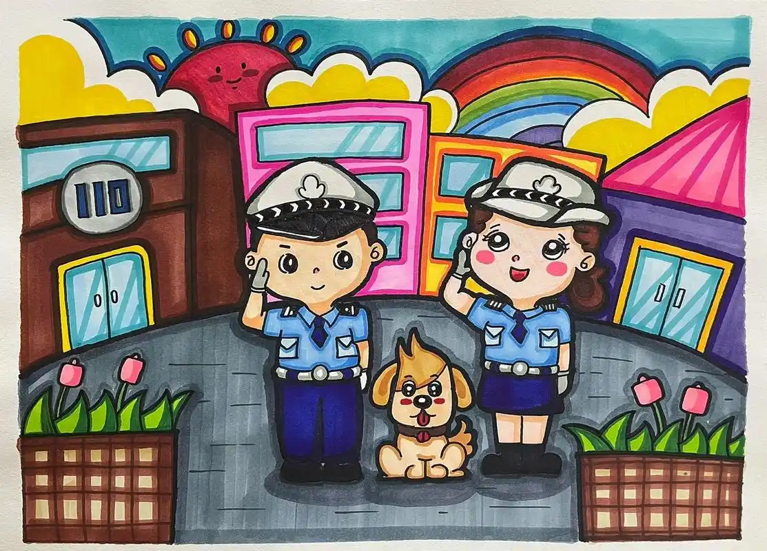 警察形象儿童画     职业主题学生作业,警察形象马克笔儿童画 向警察