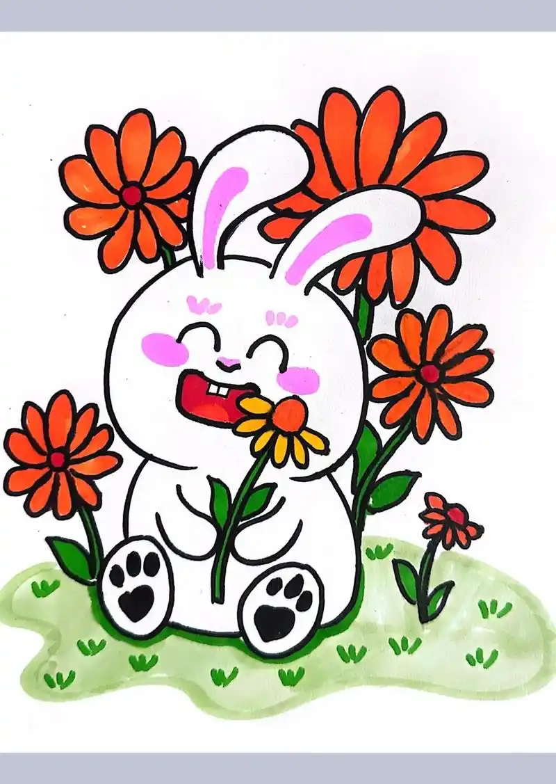 花丛中的小兔子.简单可爱,一起画起来吧!#学会快去试试吧97 - 抖音