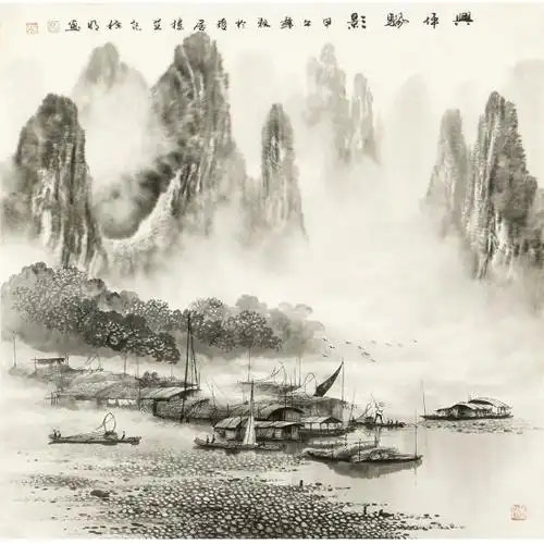 名人字画 莫桂明四尺斗方漓江山水画《兴坪颿影》_水墨山水画_山水画