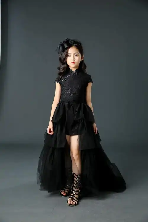 女童中国风旗袍高端儿童模特走秀拖尾礼服国潮改良霸气演出服时尚