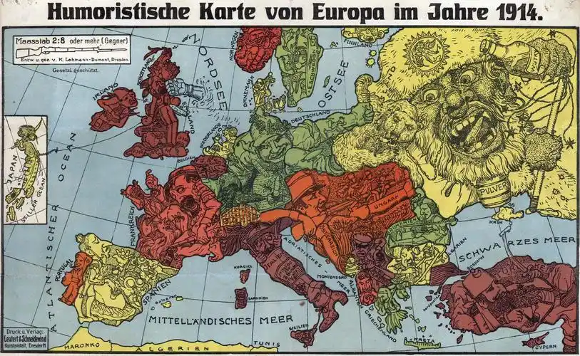 从这幅1914年德国人画的欧洲地图中能够感受到当时的气氛很紧张.