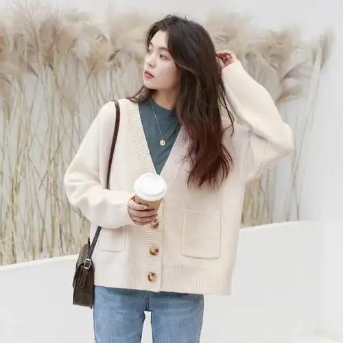 薄荷牛奶/加厚v领开衫外套女针织毛衣宽松外穿短款2019慵懒风秋冬