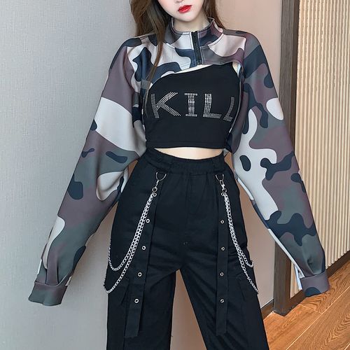 跳舞高腰嘻哈短款帅气女装搭配衣服女孩工装t恤