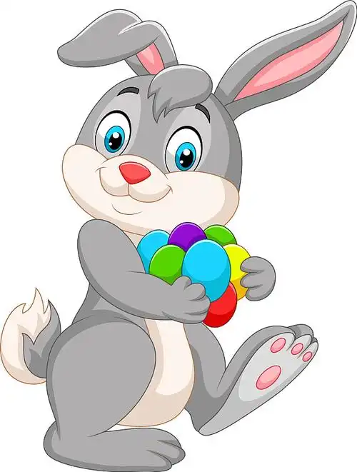 卡通复活节兔子拿着五颜六色的蛋图片