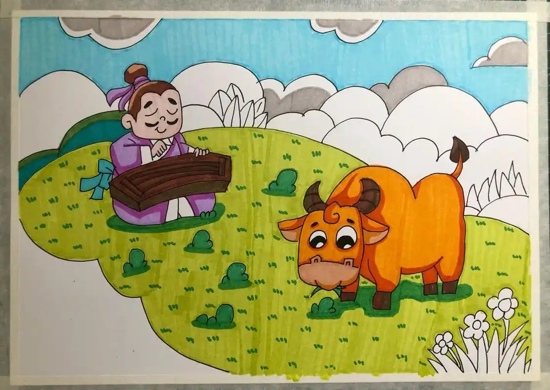 马克笔儿童画—成语典故系列—对牛弹琴 临摹于网络 touch mark动漫80