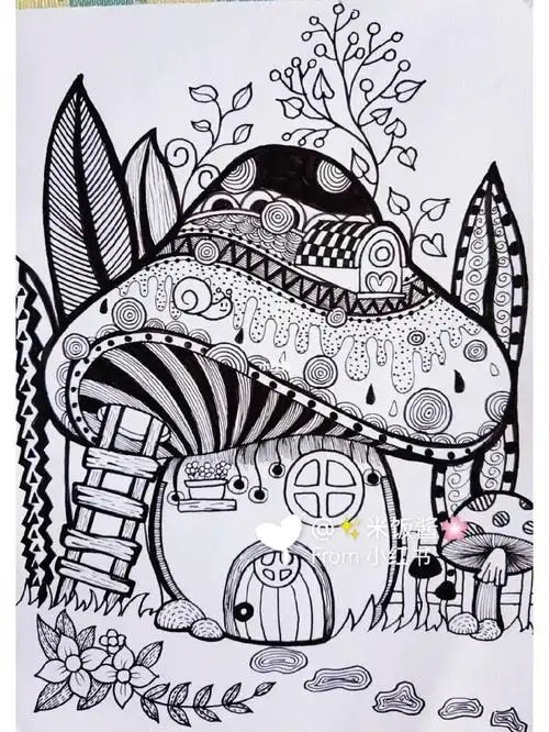 蘑菇屋黑白装饰画线描