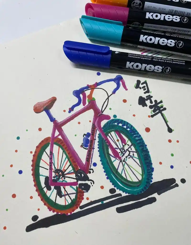 彩色记号笔┃自行车照片写生附步骤图.